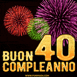 Animazione di fuochi d'artificio colorati con il numero 40 in oro brillante e la scritta 'Buon Compleanno' su uno sfondo nero festivo ed elegante.