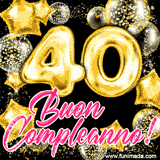 Animazione con palloncini dorati a forma del numero 40, circondati da decorazioni scintillanti e la scritta 'Buon Compleanno!' in caratteri rosa accattivanti.