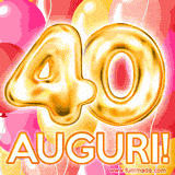 Bouquet animato di palloncini multicolori che emergono da una scatola regalo, con il numero 40 e la scritta 'Tanti Auguri!' su uno sfondo pieno di coriandoli.