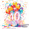 Animated star-shaped confetti, multicolor balloons, and a gift box in a joyful 40th birthday GIF