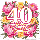 Animated number 40 and Happy Birthday text surrounded by pink and yellow flowers with butterflies.