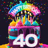 Chocolate cake with cyan layers, pink dressing and a big number 40 adorned with vibrant multicolored frosting, lit candles, and a rainbow topper with text that says 'Happy Birthday'. Animated colorful confetti move behind the cake.
