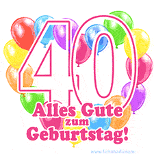 Ein verspieltes animiertes Geburtstags-GIF mit bunten Ballons in Herzform und der Zahl 40.