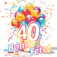 Des confettis animés, des ballons multicolores et un coffret cadeau dans un joyeux GIF de 40e anniversaire