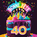 Gâteau au chocolat avec le numéro 40 orné d'un glaçage vibrant, de bougies et d'une décoration arc-en-ciel