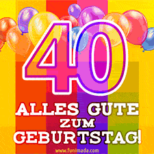 Große Zahl 35 in Umrissschrift, die Worte 'Alles Gute zum 40. Geburtstag', mehrfarbige animierte Ballons und lebendiger Hintergrund.
