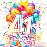 Animazione con palloncini colorati e scintillanti, accompagnata dal numero 41 in caratteri grandi e luminosi, e la scritta 'Tanti Auguri!' in stile vivace.