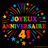 GIF animé 'Joyeux Anniversaire 41' avec des lettres colorées et des feux d'artifice éclatants