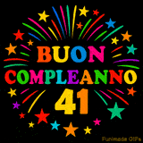 GIF animata 'Buon Compleanno 41' con lettere colorate e fuochi d'artificio