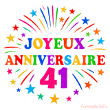 GIF animé joyeux anniversaire 41 ans avec étoiles multicolores et feu d’artifice