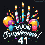 Augura buon compleanno ai 41 anni con questa GIF colorata e festosa: palloncini, stelle e candele per un augurio digitale indimenticabile