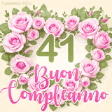 GIF per il 41° compleanno con un cuore di rose rosa e scritta elegante