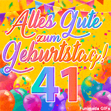 Eine festliche Animation zum 41. Geburtstag, Die Worte 'Alles Gute zum Geburtstag' und die Zahl '41' sind in einer bunten Schriftart gehalten, umgeben von Partyballons und Konfetti.