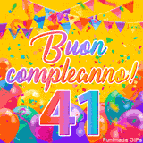 Un GIF animato per un 41° compleanno, Presenta il testo 'Buon Compleanno 41' su uno sfondo giallo vivo con palloncini colorati, festoni e una pioggia di coriandoli.