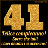 Un GIF animato per un 41° compleanno, Presenta il testo 'Buon Compleanno 41' su uno sfondo giallo vivo con palloncini colorati, festoni e una pioggia di coriandoli.