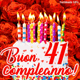 GIF animata per un 41° compleanno, Mostra una torta bianca con candeline colorate accese e coriandoli, di fronte a un muro di rose rosse, Il testo dice 'Buon 41 compleanno!'.