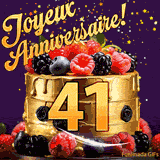 Une animation de célébration d'un gâteau de 41ème anniversaire, Des étoiles dorées tombent du ciel, mettant en valeur le texte 'Joyeux Anniversaire !' et le nombre doré 41 à l'avant du gâteau.