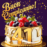 Un GIF animato di una bellissima torta per il 41° compleanno con glassa dorata e frutti di bosco freschi, Il numero dorato 41 è davanti, e stelle cadono su uno sfondo viola scuro.