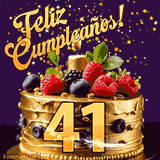 Una animación de celebración de una tarta para el 41º cumpleaños, Estrellas doradas caen del cielo, destacando el texto '¡Feliz Cumpleaños!' y el número dorado 41 en la tarta.