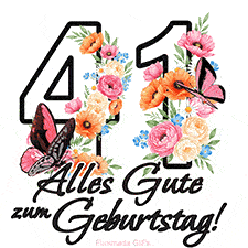 Ein florales GIF zum 41. Geburtstag. Die Zahl '41' ist von animierten Blumen und Schmetterlingen umgeben und bietet eine schöne und fröhliche Art, den Meilenstein zu feiern.