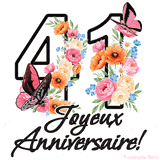 Ce GIF de Joyeux 41ème Anniversaire présente le nombre vingt rempli d'un bouquet vibrant de fleurs animées, avec des papillons qui bougent doucement sur un fond blanc.