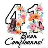 Questo GIF di Buon 41° Compleanno mostra il numero venti riempito con un vibrante bouquet di fiori animati, con farfalle che si muovono dolcemente su uno sfondo bianco.