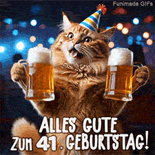 Ein roter Kater mit offenem Maul präsentiert zwei volle Bierkrüge in den Pfoten. Schriftzug im Bild: Alles Gute zum 41. Geburtstag! Bokeh-Lichteffekte.