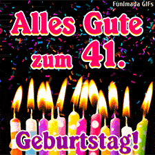 Bunte Papierstücke wirbeln um brennende Geburtstagskerzen herum. Die große Aufschrift lautet: Alles Gute zum 41. Geburtstag! Stimmungsvolles GIF.