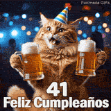 Gatito naranja con gorro de fiesta festejando con jarras de cerveza sobre un fondo de luces borrosas. Abajo dice 41 Feliz Cumpleaños.