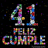 El dígito 41 y las palabras FELIZ CUMPLE están formados de gemas brillantes multicolores, dispuestos sobre fondo oscuro con luces de estrellas.