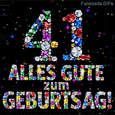Die Ziffer 41 und die Worte Alles Gute zum Geburtstag, gebildet aus verschiedenfarbigen Edelsteinen auf dunklem Grund mit leuchtenden Sternen.