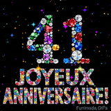 Le chiffre 41 et les mots Joyeux Anniversaire formés de diamants colorés étincelants sur fond noir avec de petites étoiles scintillantes animées.