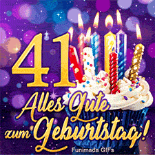 Goldene Ziffer 41, ein Cupcake mit Kerzen und der Text 'Alles Gute zum Geburtstag!'. Alles arrangiert vor einem violetten Lichtermeer.