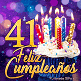 Animación festiva 41 años con el número 41 de oro, una tarta con velas encendidas y luces brillantes.