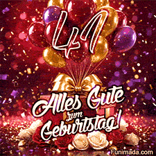 Bunte Ballons Geschenke und Rosen umrahmen die goldene Zahl 41 mit Alles Gute zum Geburtstag und fallendem Konfetti in lebendigem animierten Design