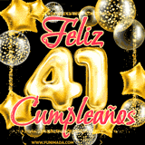 Animación de un GIF con el número 41 en dorado, rodeado de estrellas, burbujas brillantes y la frase 'Feliz cumpleaños' en letras modernas y festivas.