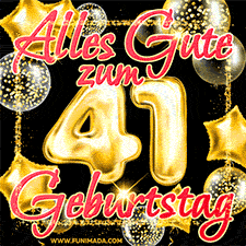 Glänzende goldene Ballons und ein quadratischer Glitzerrahmen: Animiertes GIF zum 41. Geburtstag mit der großen goldenen Zahl 41
