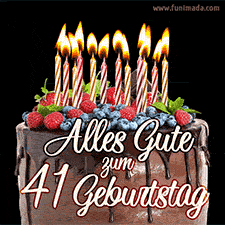 Das Geburtstags-GIF zeigt einen Schokoladenkuchen mit Beeren und Kerzen zur Feier eines 41. Geburtstags.