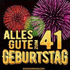 Ein dynamisches animiertes GIF mit buntem Feuerwerk und goldenen Zahlen, die den 41 Geburtstag hervorheben.