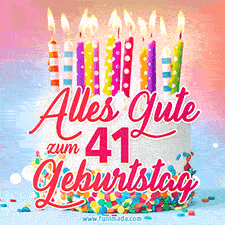 Geburtstags-GIF mit einem weißen Cremekuchen mit bunten Kerzen und Streuseln und den Worten 'Alles Gute zum 41. Geburtstag' in rosafarbenem Zierfisch.