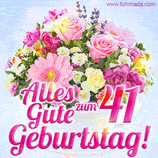 Ein zartes Geburtstags-GIF mit einem bunten Sommerblumenstrauß in einer weißen Teetasse und herzlichen Glückwünschen zum 41. Geburtstag.