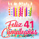 GIF animado con un pastel blanco decorado con confites y velas de colores encendidas, acompañado de la frase 'Feliz 41 cumpleaños' sobre un fondo alegre.