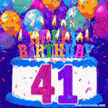 41st Birthday Cake gif: colorful candles, balloons, confetti and number 41