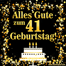 Dieses lebhafte Geburtstags-GIF zeigt eine Torte mit Kerzen, goldenem Konfetti und der Zahl 41.