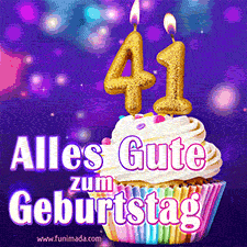 Ein glänzendes Geburtstags-GIF mit goldenen Kerzen mit der Zahl 41 auf einem weißen cremefarbenen Cupcake und dem Text 'Alles Gute zum Geburtstag'.