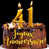 GIF animé pour un 41e anniversaire avec une élégante gâteau au chocolat, des bougies dorées formant le chiffre 41 et le texte 'Joyeux Anniversaire!' en écriture dorée.