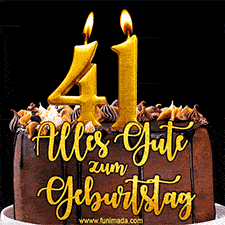 Animiertes GIF mit einer Schokoladen-Geburtstagstorte, großen goldenen Kerzen mit der Zahl 41 und einem dekorativen Text mit der Aufschrift 'Alles Gute zum Geburtstag'.