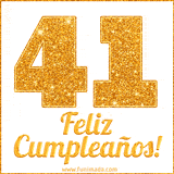 Imagen animada con el número 41 en diseño dorado brillante acompañado de la frase 'Feliz cumpleaños' sobre un fondo blanco simple y elegante.