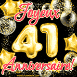 GIF animé pour un 41e anniversaire avec des ballons dorés en forme de 41, entourés de ballons scintillants et du texte 'Joyeux Anniversaire!' en écriture élégante.