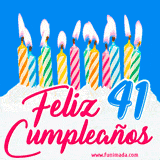 Animación de un pastel decorado con velas coloridas y encendidas, el número 41 destacado en azul y la frase 'Feliz cumpleaños' en letras estilizadas.